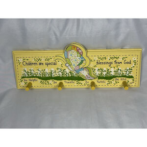 Vintage Homemade Butterfly Yellow Blessing Peg Wall Coat Robe Cap Rack Signed